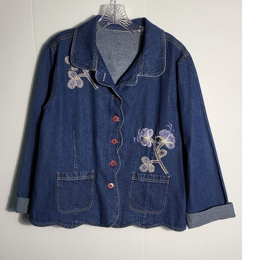 Womens Embroidered Denim Jean Shirt Cuffed Hem Midi Length Casual Everyday - Picture 2 of 12